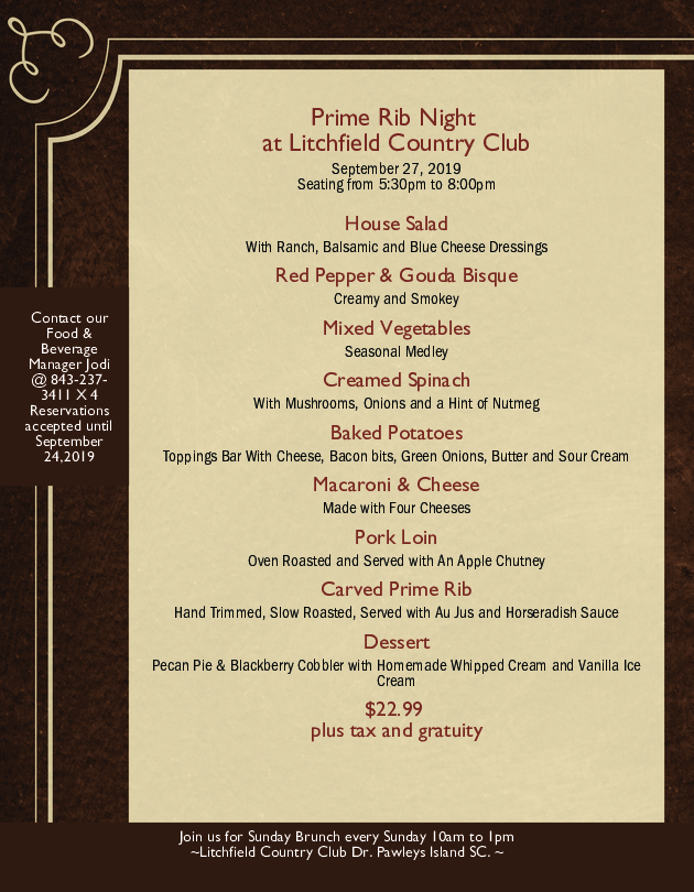 Prime Rib Night at Litchfield Country Club - Prime Times Honors Card ...