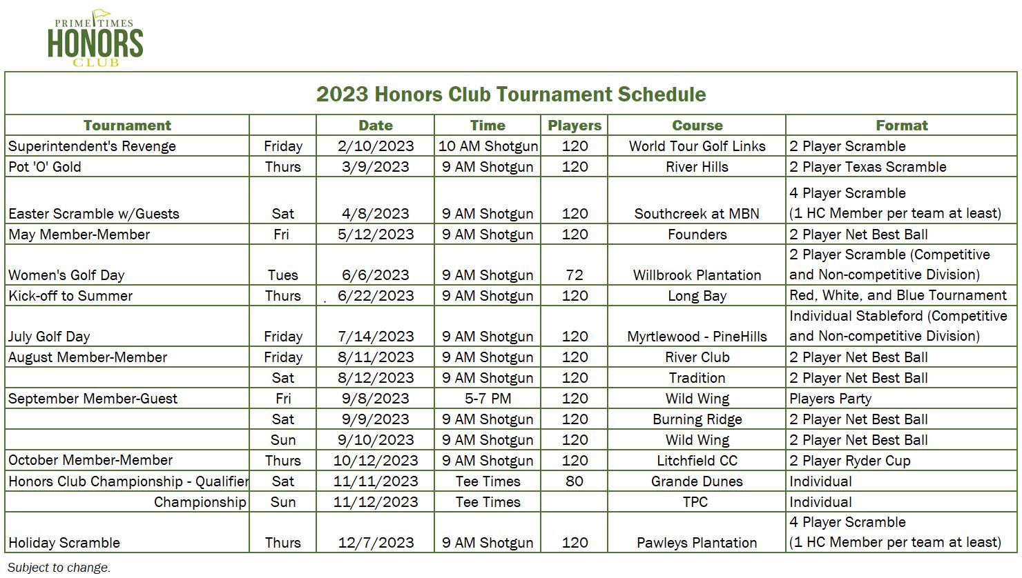 Image: 2023 Honors Club Tournament Schedule